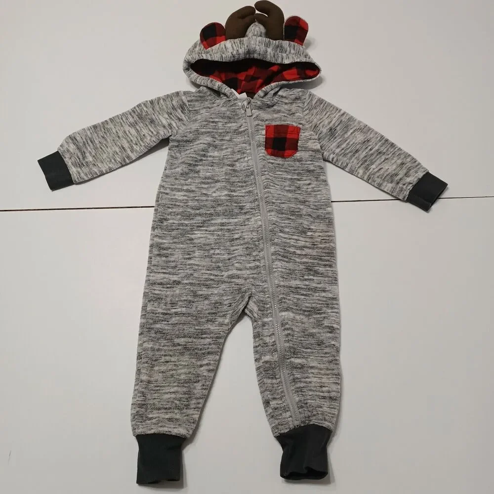 Cat & Jack Baby 12M‎ Romper Gray Heathered Stretch Buffalo Plaid Ears Horns Zip